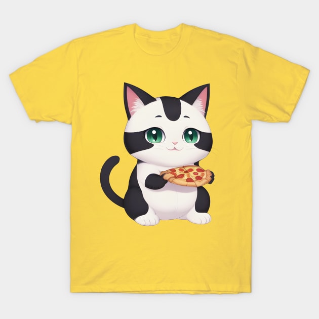 Cute Cat Eating a Pizza T-Shirt by PHDesigner